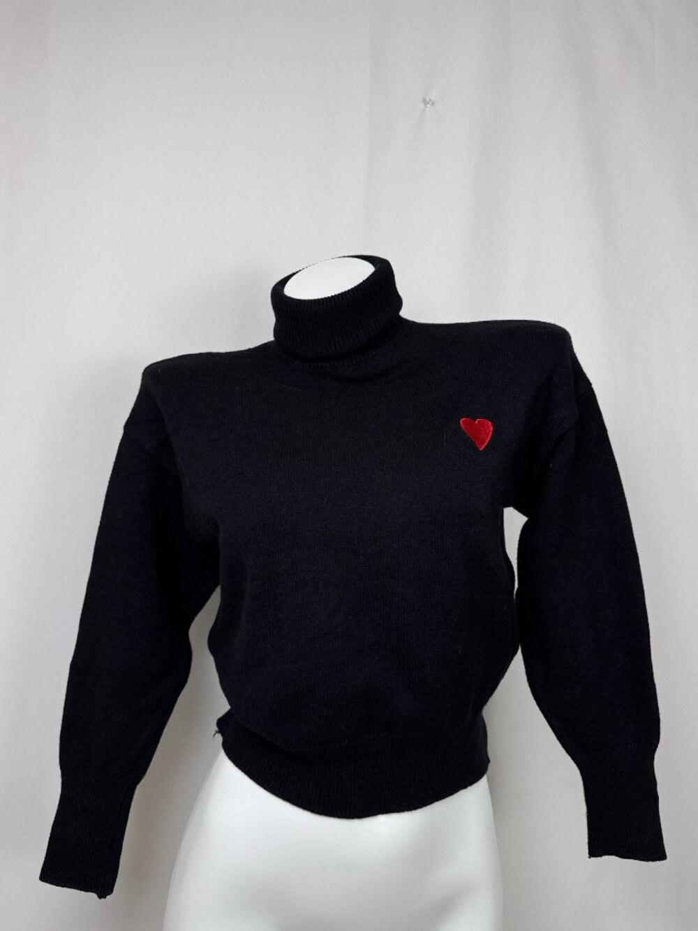 SHEIN Black Turtleneck Sweater Red Heart Patches Knit Pullover Size Small